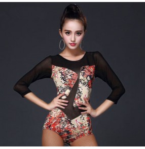 Red gold floral see through patchwork long sleeves women's ladies competition performance professional latin ballroom dance tops bodysuits jumpsuits catsuits